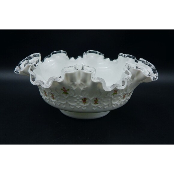 Fenton Silver Crest Spanish Lace Bowl Violets In The Snow 10 Inch Console - Picture 3 of 12